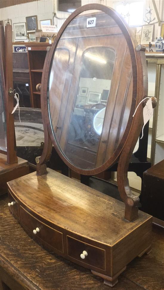 19C banded & inlaid mahogany toilet mirror with bow-fronted plinth base